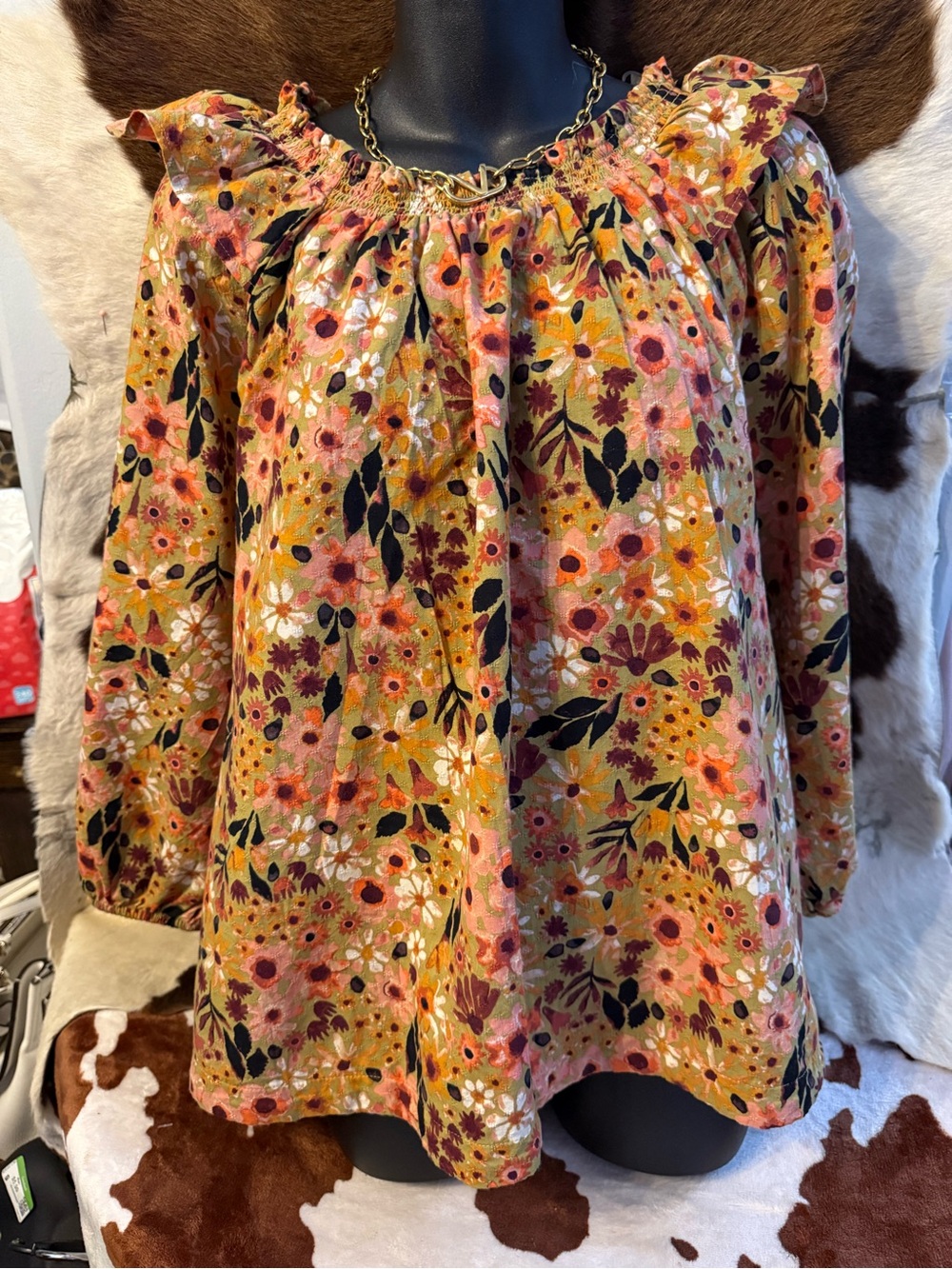 Sonoma Floral Peasant Blouse in Mustard, Pink & Black